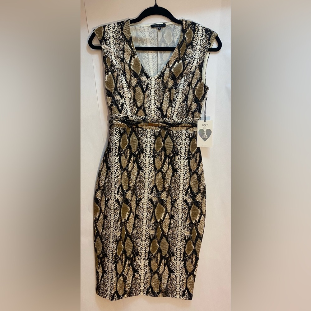 IRIS Los Angeles Snakeskin Print V-Neck Sheath Dress Brown Black Size Small